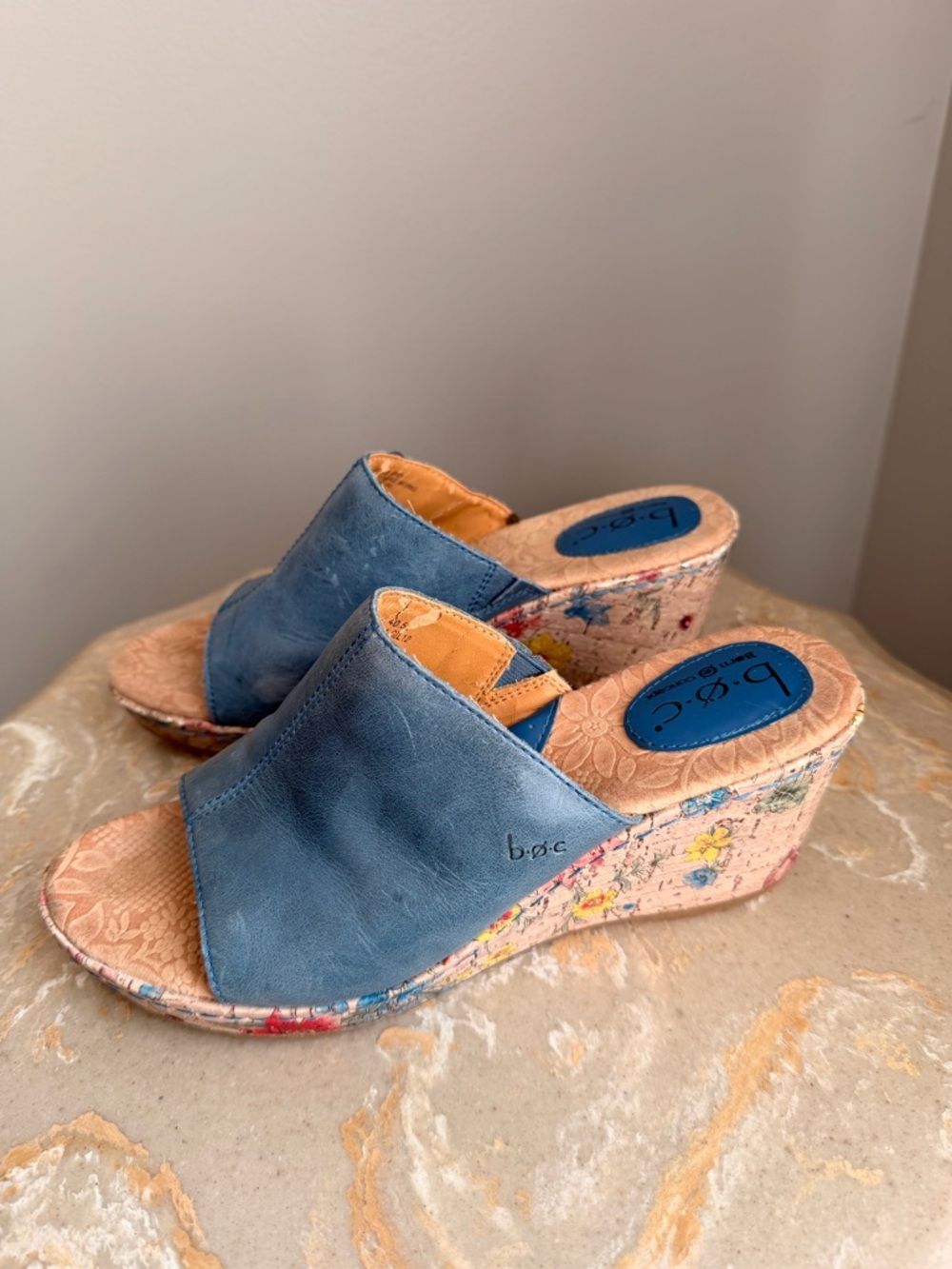 BOC Size 9 Blue Leather Wedge Slide Sandals Bohemian Festival Summer